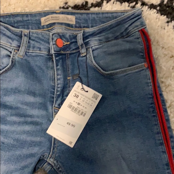 Zara Basic Denim Jeans w/ Red Side Stripes - Picture 3 of 3